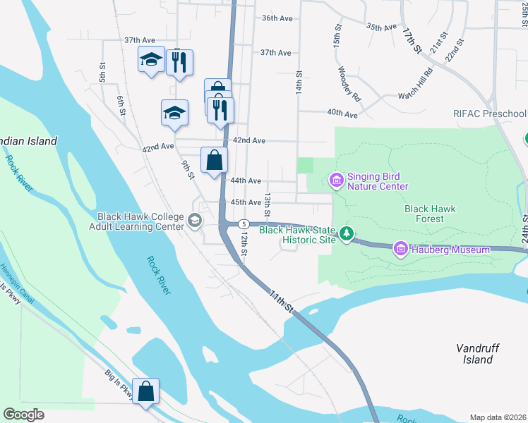 map of restaurants, bars, coffee shops, grocery stores, and more near 4520 13th Street in Rock Island