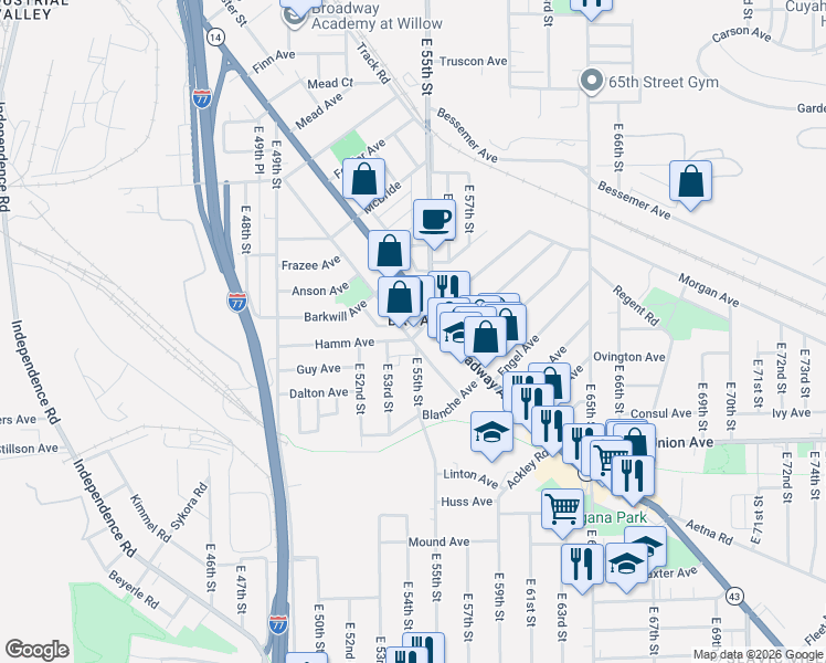 map of restaurants, bars, coffee shops, grocery stores, and more near 3376 East 55th Street in Cleveland