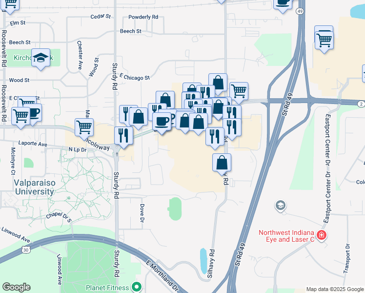 map of restaurants, bars, coffee shops, grocery stores, and more near 2420 Laporte Avenue in Valparaiso