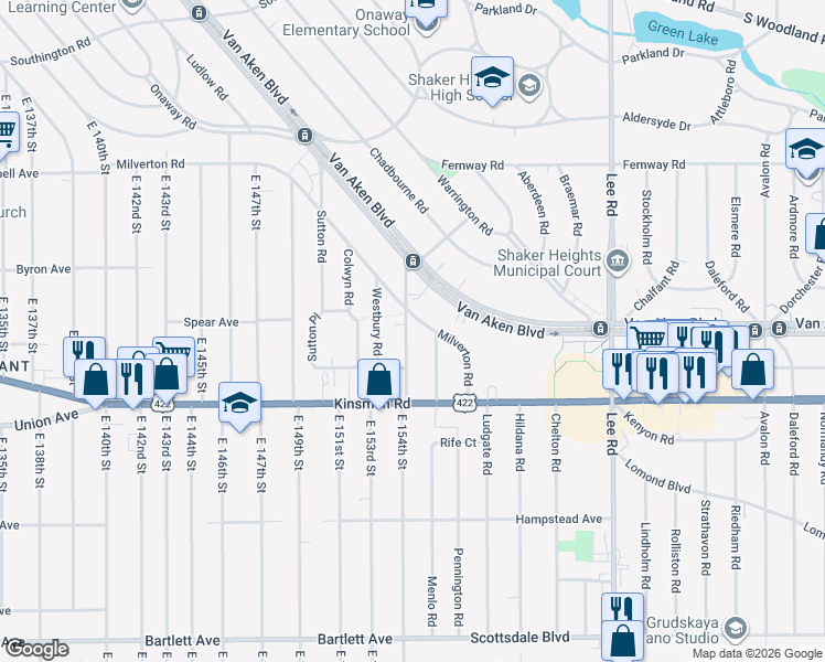 map of restaurants, bars, coffee shops, grocery stores, and more near 3421 Ashby Road in Shaker Heights