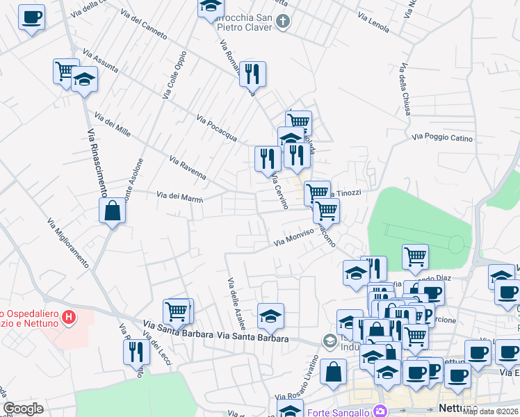 map of restaurants, bars, coffee shops, grocery stores, and more near 2B Via Monte Civetta in Nettuno