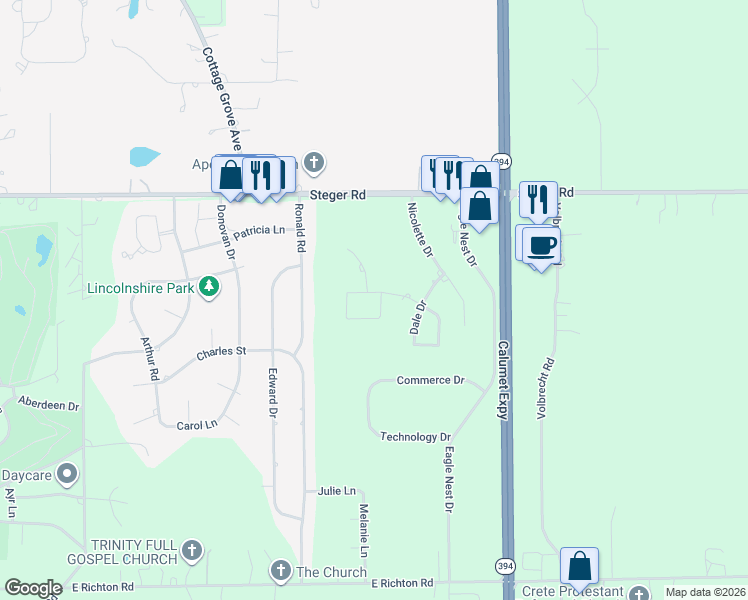 map of restaurants, bars, coffee shops, grocery stores, and more near 1173 Robert Lane in Crete
