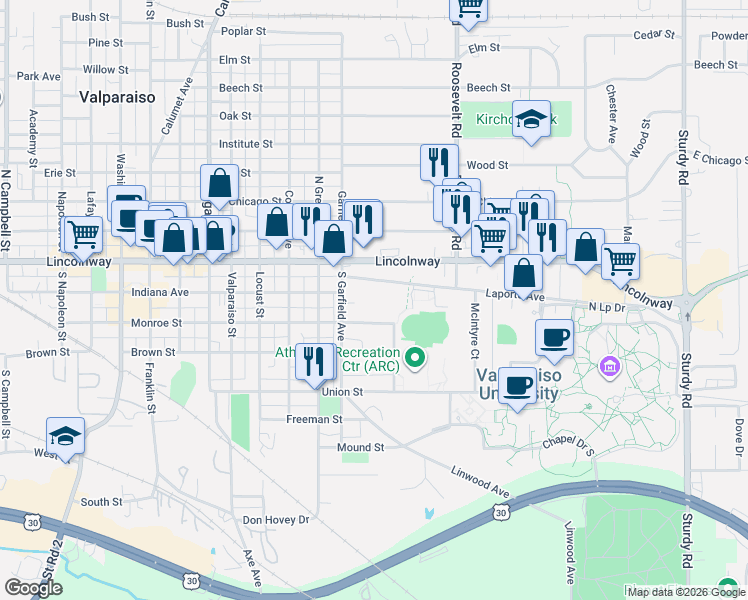 map of restaurants, bars, coffee shops, grocery stores, and more near 999 Monroe Street in Valparaiso