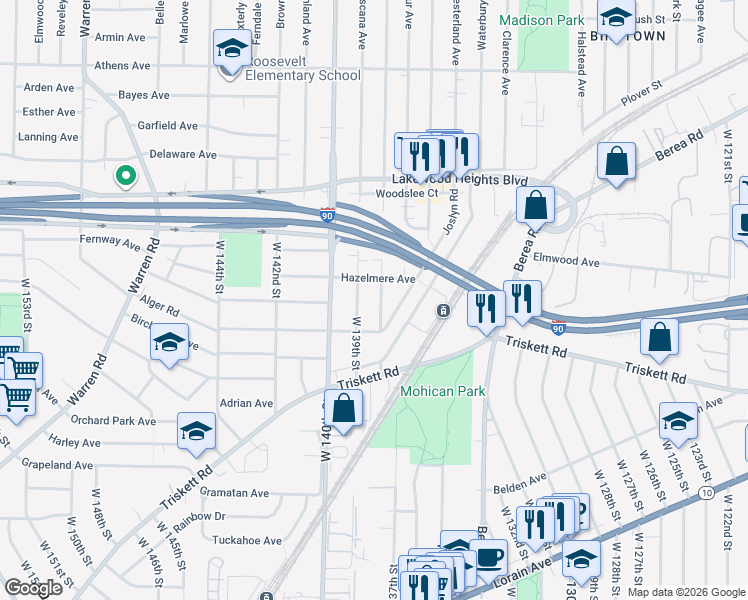 map of restaurants, bars, coffee shops, grocery stores, and more near 3205 West 138th Street in Cleveland