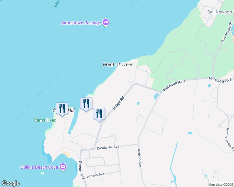 map of restaurants, bars, coffee shops, grocery stores, and more near 41 Ridge Road in Newport