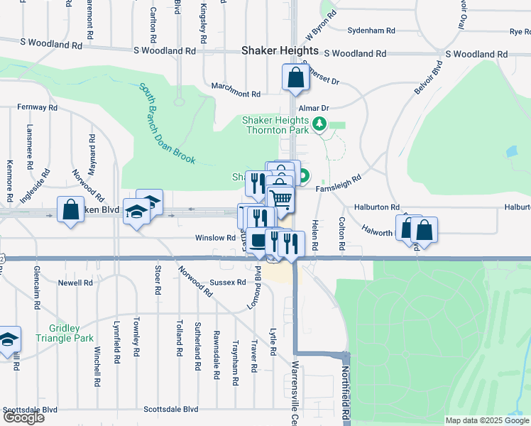 map of restaurants, bars, coffee shops, grocery stores, and more near 20100 Walker Road in Shaker Heights