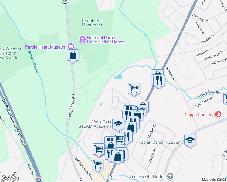 map of restaurants, bars, coffee shops, grocery stores, and more near 1139 Washington Green in New Windsor