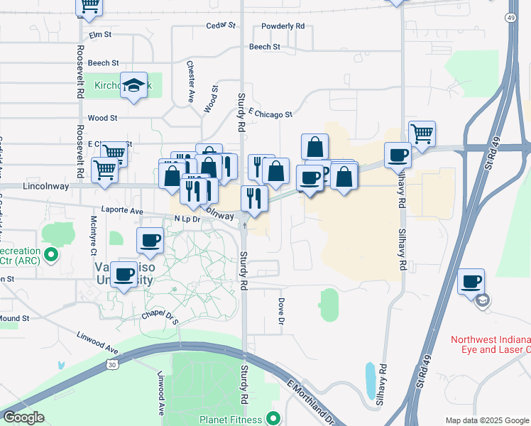map of restaurants, bars, coffee shops, grocery stores, and more near 2002 Laporte Avenue in Valparaiso