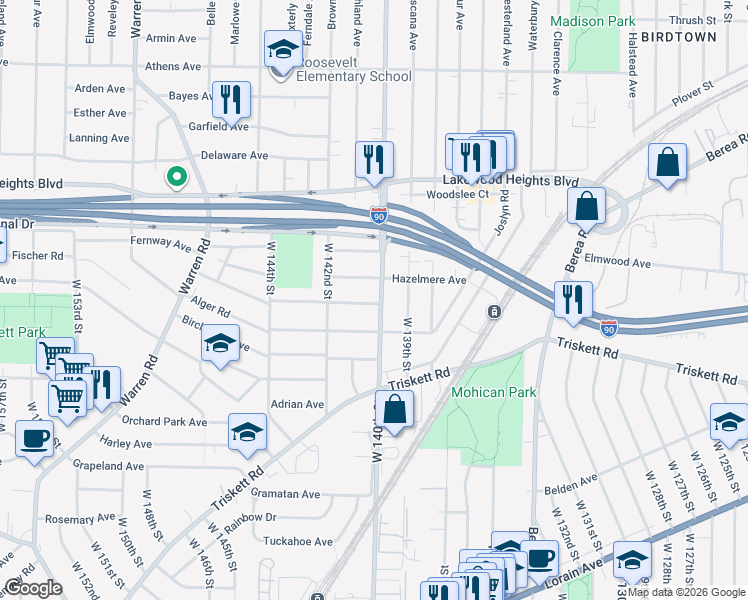 map of restaurants, bars, coffee shops, grocery stores, and more near 3206 West 140th Street in Cleveland