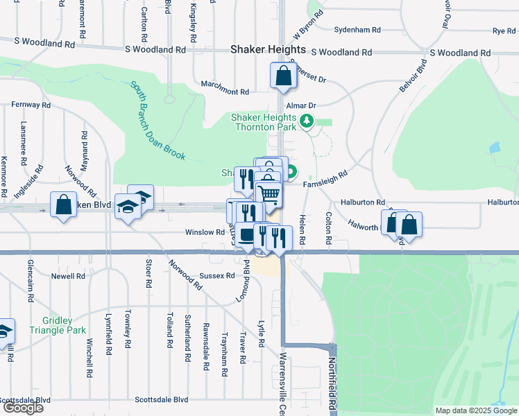 map of restaurants, bars, coffee shops, grocery stores, and more near 3449 Tuttle Road in Shaker Heights