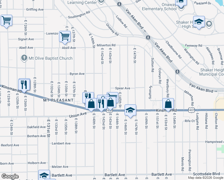 map of restaurants, bars, coffee shops, grocery stores, and more near 3435 East 143rd Street in Cleveland