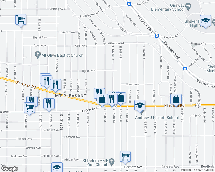 map of restaurants, bars, coffee shops, grocery stores, and more near 3442 East 140th Street in Cleveland