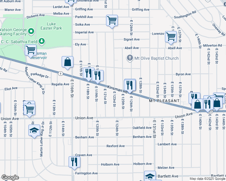 map of restaurants, bars, coffee shops, grocery stores, and more near 3406 East 123rd Street in Cleveland