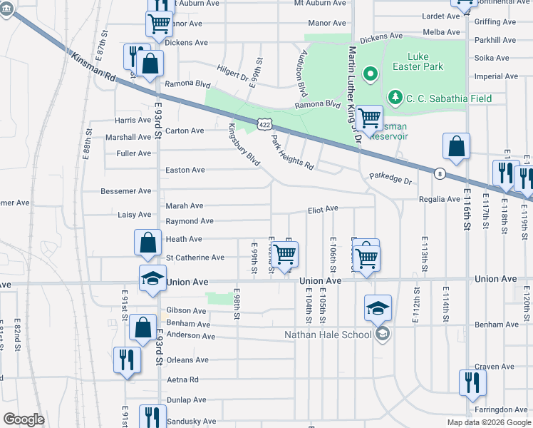 map of restaurants, bars, coffee shops, grocery stores, and more near 3402 East 102nd Street in Cleveland
