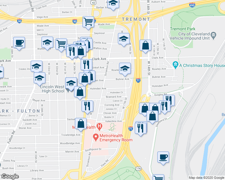 map of restaurants, bars, coffee shops, grocery stores, and more near 1910 Brainard Avenue in Cleveland