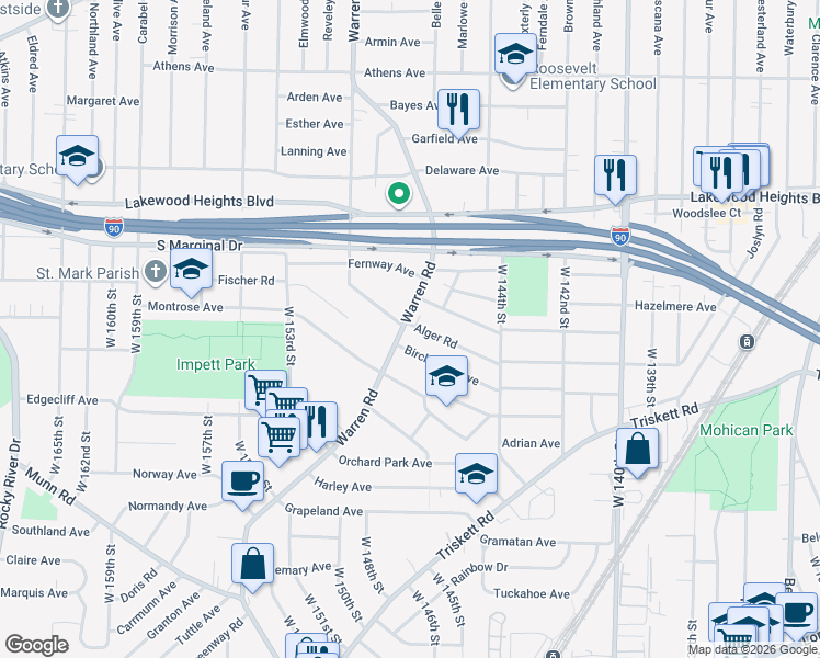 map of restaurants, bars, coffee shops, grocery stores, and more near 14624 Birchwood Avenue in Cleveland