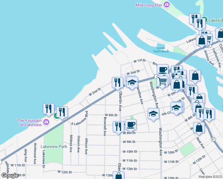 map of restaurants, bars, coffee shops, grocery stores, and more near 1239 West Erie Avenue in Lorain