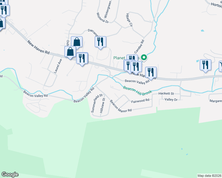 map of restaurants, bars, coffee shops, grocery stores, and more near 58 Beacon Manor Road in Naugatuck