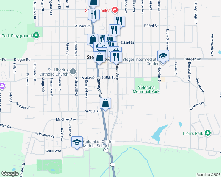 map of restaurants, bars, coffee shops, grocery stores, and more near 3601 Chicago Road in Steger