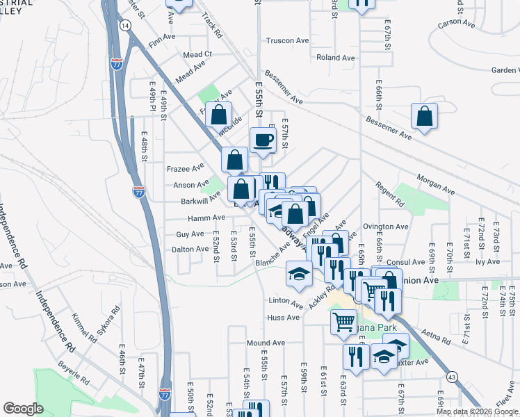 map of restaurants, bars, coffee shops, grocery stores, and more near 5620 Broadway Avenue in Cleveland