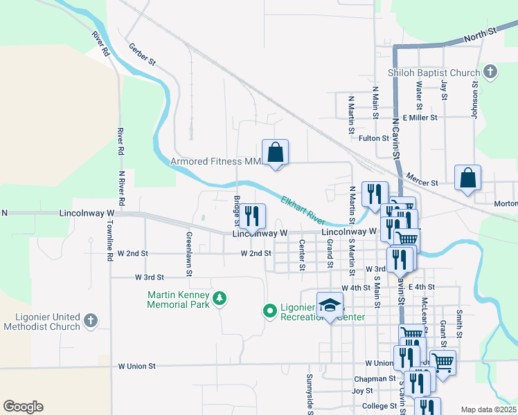 map of restaurants, bars, coffee shops, grocery stores, and more near 602 Lincolnway West in Ligonier