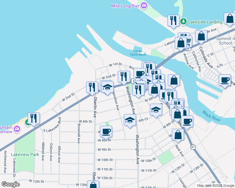 map of restaurants, bars, coffee shops, grocery stores, and more near 419 Hamilton Avenue in Lorain