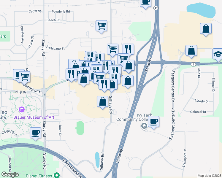map of restaurants, bars, coffee shops, grocery stores, and more near 200 Silhavy Road in Valparaiso