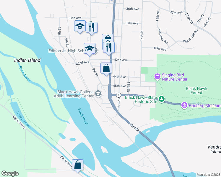 map of restaurants, bars, coffee shops, grocery stores, and more near 4529 11th Street in Rock Island