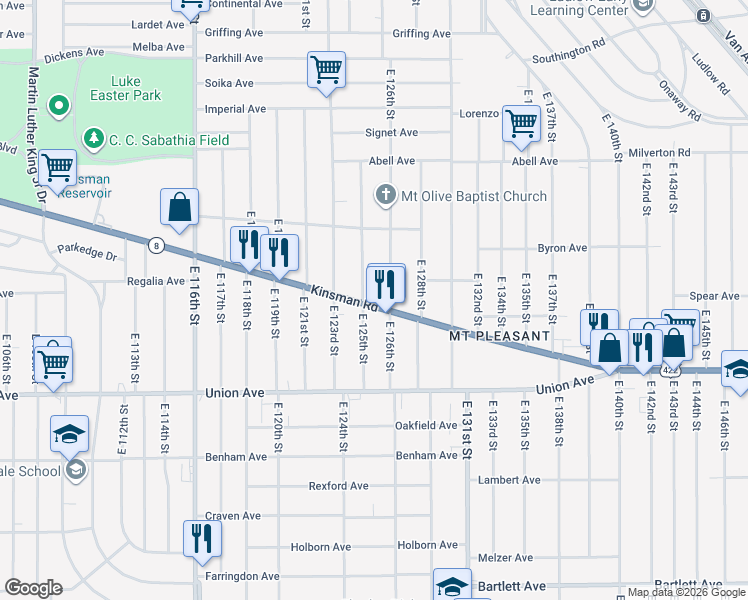 map of restaurants, bars, coffee shops, grocery stores, and more near 12502 Kinsman Road in Cleveland