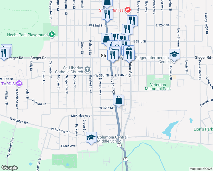 map of restaurants, bars, coffee shops, grocery stores, and more near 22 West 35th Place in Steger