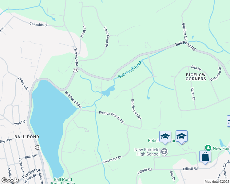 map of restaurants, bars, coffee shops, grocery stores, and more near 25 Meadowbrook Road in New Fairfield
