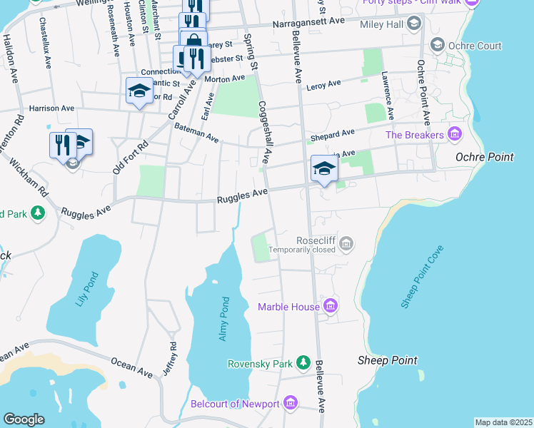 map of restaurants, bars, coffee shops, grocery stores, and more near 103 Coggeshall Avenue in Newport