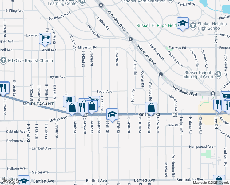 map of restaurants, bars, coffee shops, grocery stores, and more near 3436 East 147th Street in Cleveland