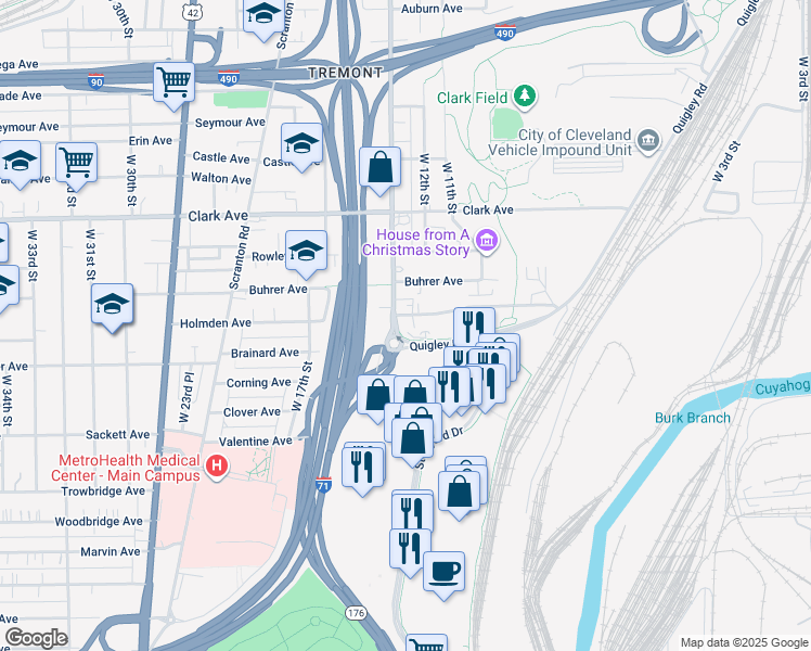 map of restaurants, bars, coffee shops, grocery stores, and more near 3239 West 14th Street in Cleveland