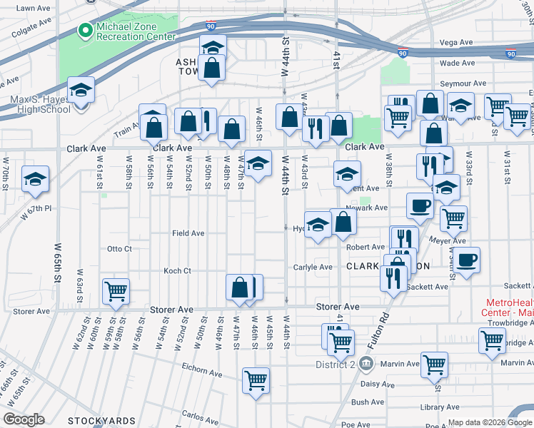 map of restaurants, bars, coffee shops, grocery stores, and more near 4432 Hyde Avenue in Cleveland