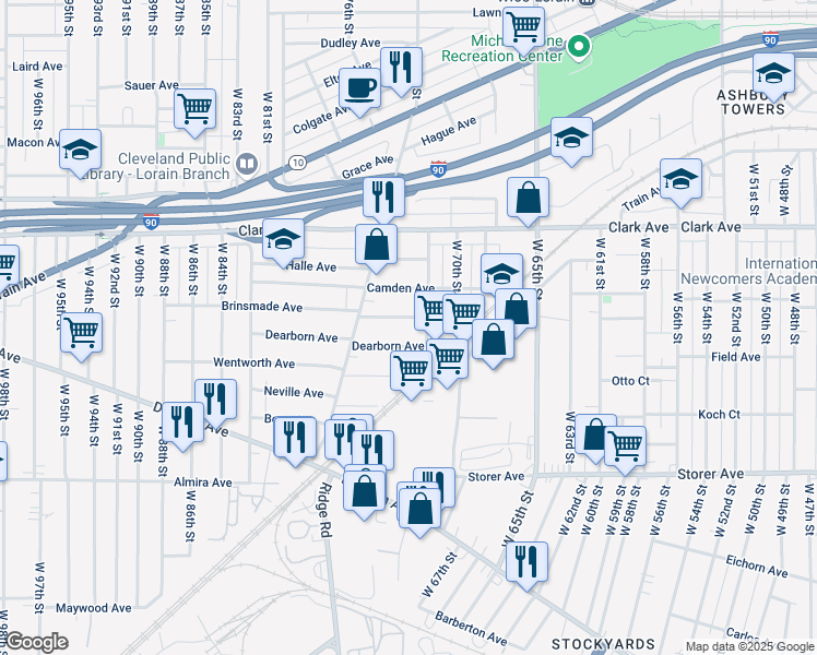 map of restaurants, bars, coffee shops, grocery stores, and more near 7115 Dearborn Avenue in Cleveland