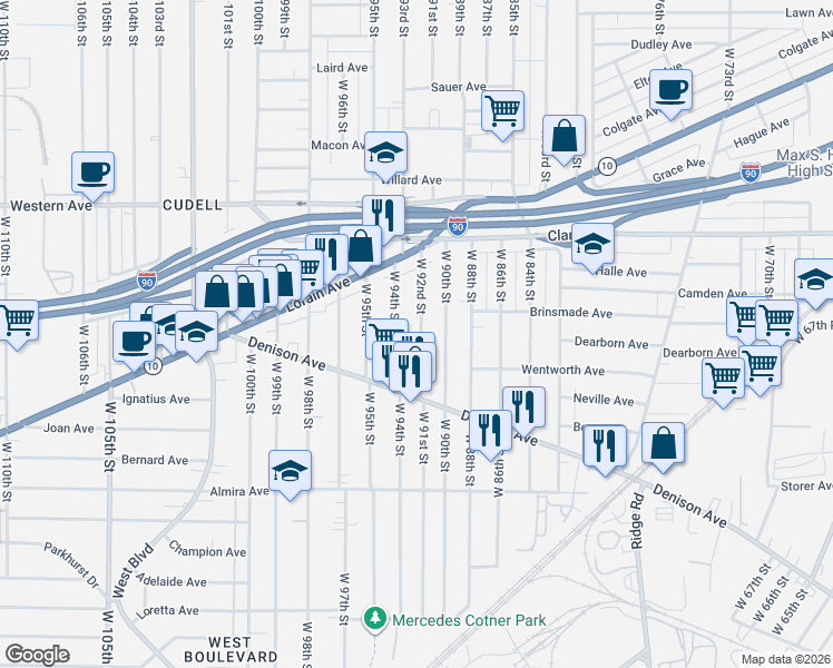 map of restaurants, bars, coffee shops, grocery stores, and more near 3220 West 92nd Street in Cleveland
