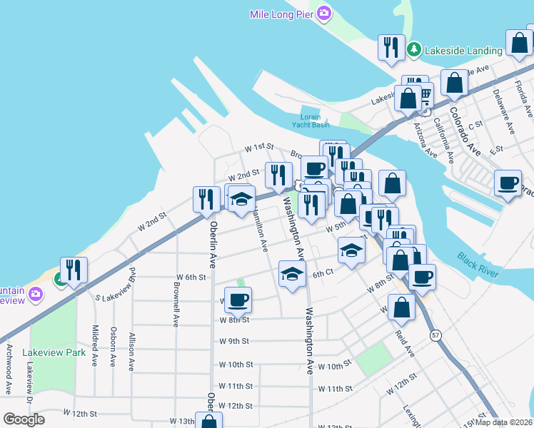 map of restaurants, bars, coffee shops, grocery stores, and more near 419 Hamilton Avenue in Lorain