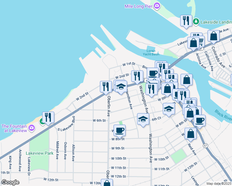 map of restaurants, bars, coffee shops, grocery stores, and more near 105 West Fourth Street in Lorain