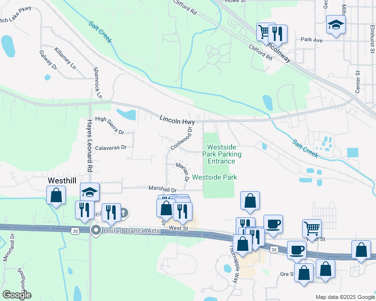 map of restaurants, bars, coffee shops, grocery stores, and more near 300-498 Marian Drive in Valparaiso