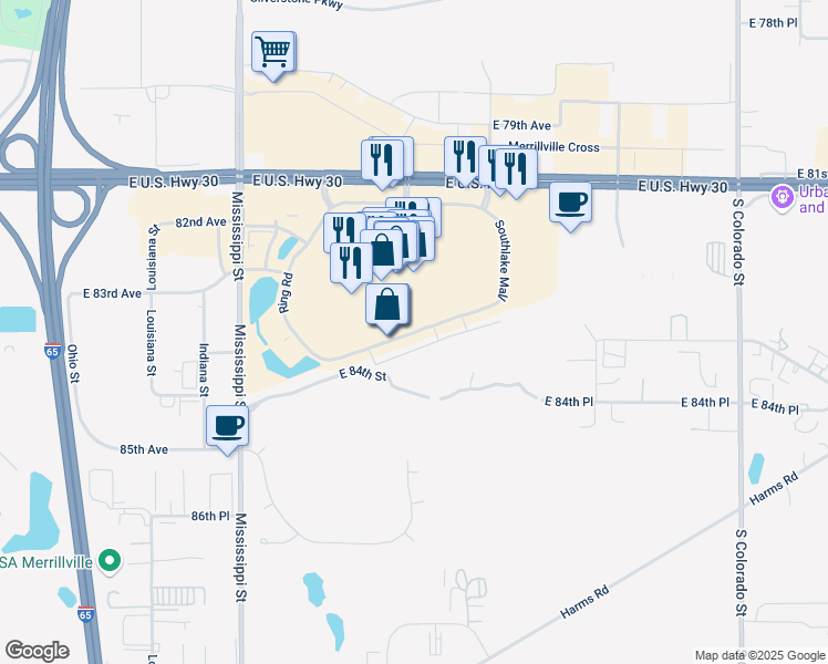 map of restaurants, bars, coffee shops, grocery stores, and more near Southlake Mall in Merrillville