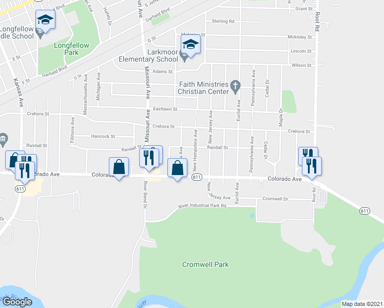 map of restaurants, bars, coffee shops, grocery stores, and more near 1608 New Hampshire Avenue in Lorain