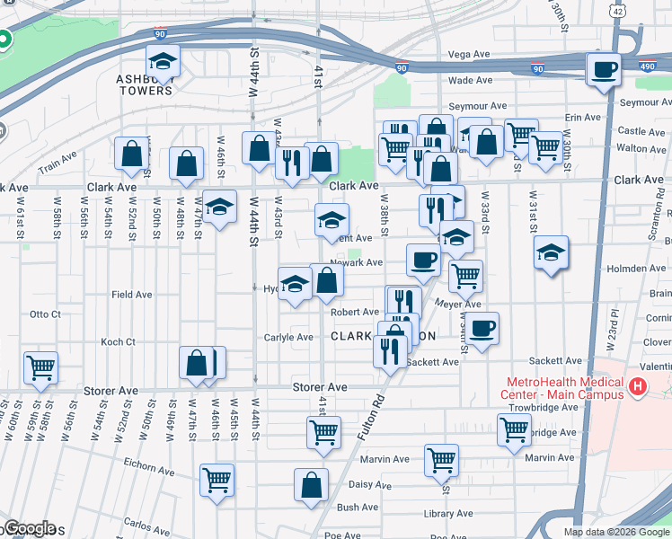 map of restaurants, bars, coffee shops, grocery stores, and more near 3920 Hyde Avenue in Cleveland