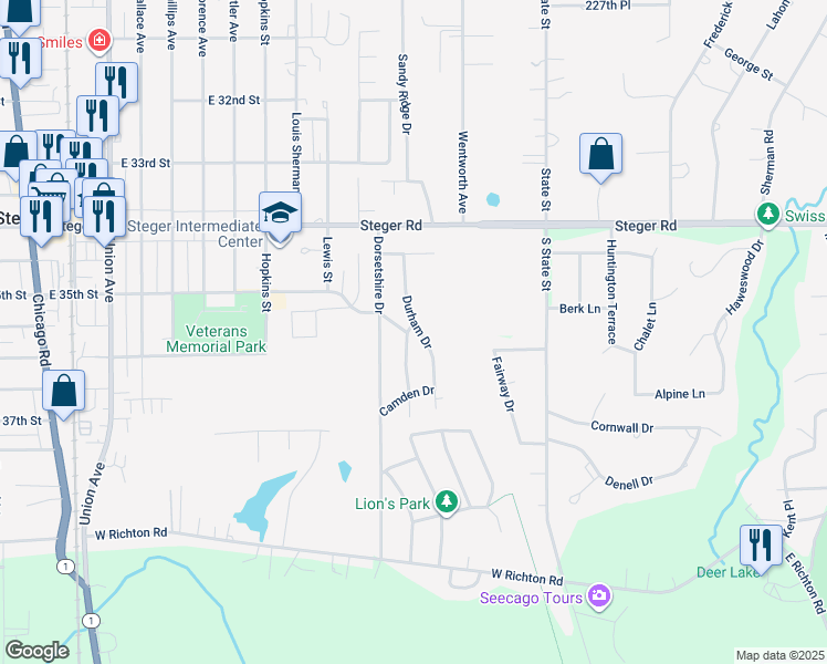map of restaurants, bars, coffee shops, grocery stores, and more near 254 Durham Drive in Steger