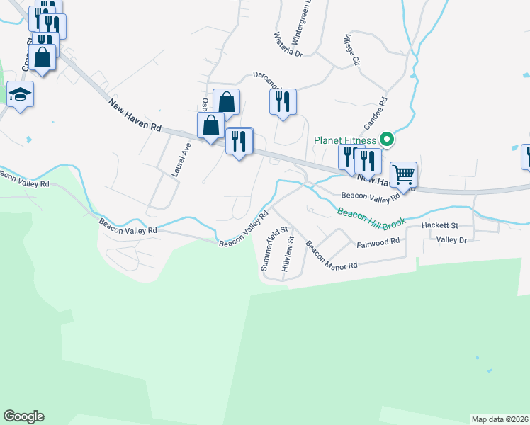 map of restaurants, bars, coffee shops, grocery stores, and more near 636 Beacon Valley Road in Naugatuck