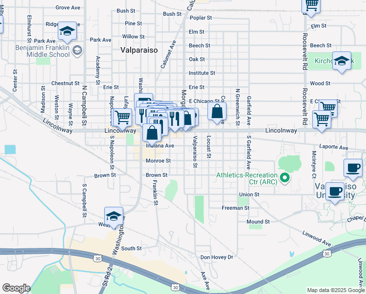 map of restaurants, bars, coffee shops, grocery stores, and more near 177 Morgan Boulevard in Valparaiso