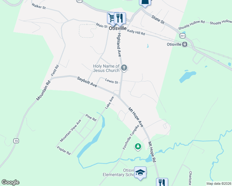 map of restaurants, bars, coffee shops, grocery stores, and more near 8 Seybolt Avenue in Otisville