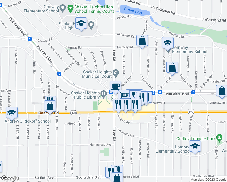 map of restaurants, bars, coffee shops, grocery stores, and more near Lee Rd & Van Aken Blvd in Shaker Heights