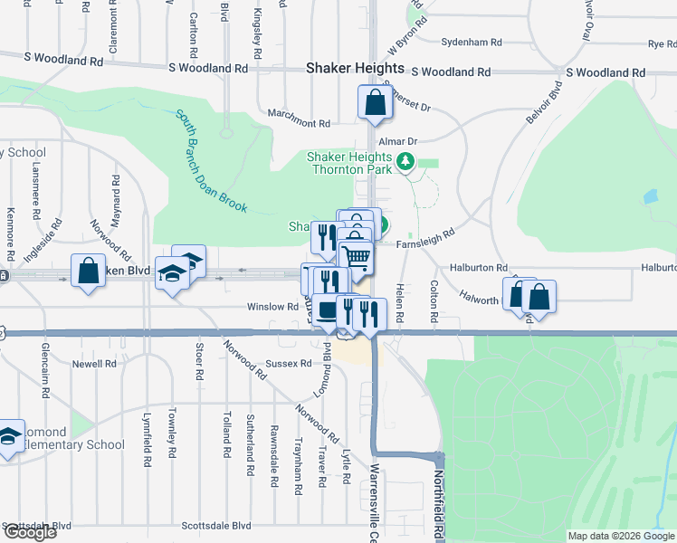 map of restaurants, bars, coffee shops, grocery stores, and more near in Shaker Heights