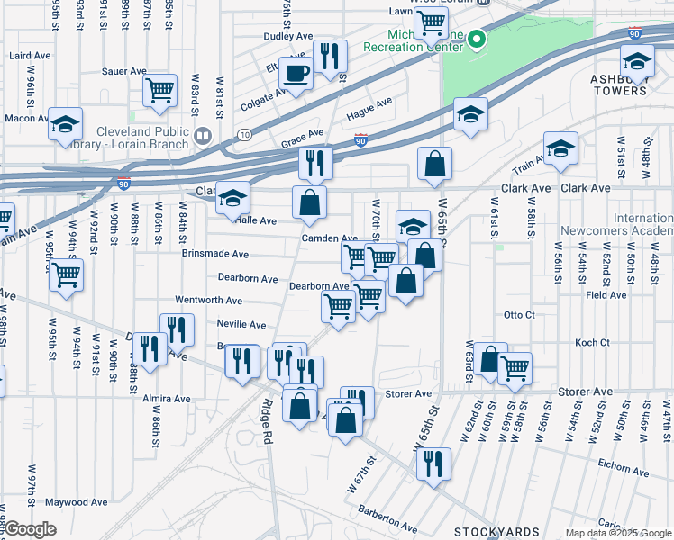 map of restaurants, bars, coffee shops, grocery stores, and more near 7115 Dearborn Avenue in Cleveland